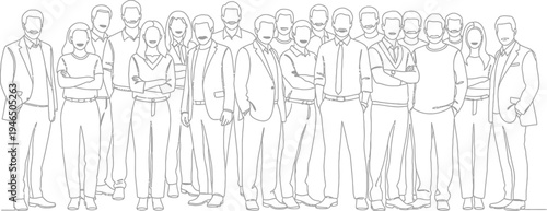 Diverse group of business professionals standing together in a minimalist line art style