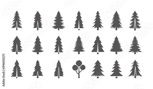 Collection of dark grey pine tree and deciduous tree silhouettes white