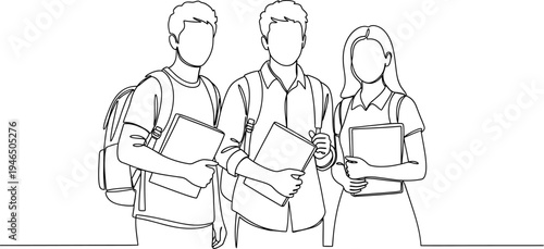 Continuous Line Drawing of Three Diverse Students with Backpacks and Books, Ready for School