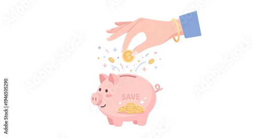 A charming flat vector illustration showing a hand gently placing a golden coin into a cute pink piggy bank labeled "SAVE." Surrounded by sparkling decorative elements, the image perfectly represents 