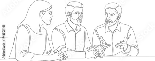 Continuous line drawing of three diverse business professionals engaged in a lively discussion