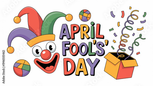 April fools' day funny prank concept with colorful jester and confetti popping out of a box