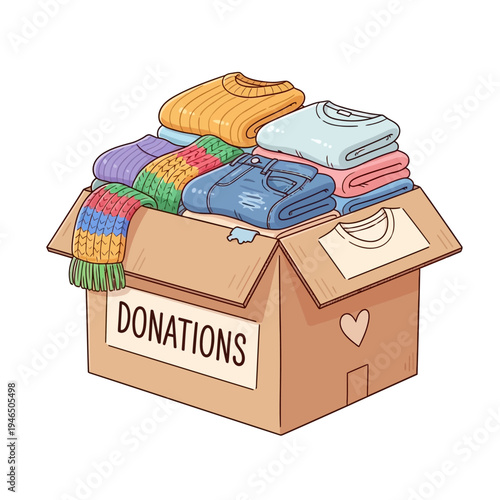 A cardboard box filled with donated clothes.