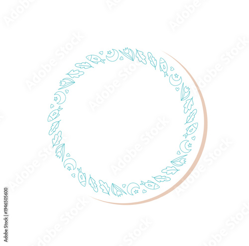 Circular frame patch with doodle line style forms the main subject. Camp and adventure icon set surrounds the border, with hand drawn tent, hiking, campfire, and forest outdoor elements.