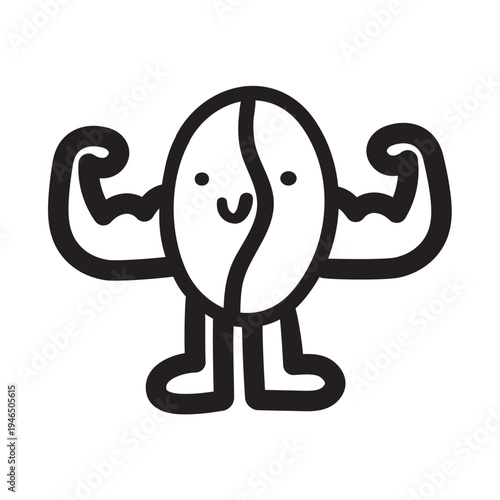 Strong Coffee Bean Character with Biceps. Outline Hand Drawn Vector Illustration
