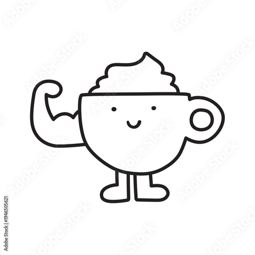 Smiling Coffee Cup with Foam Showing Biceps. Outline Hand Drawn Vector Illustration