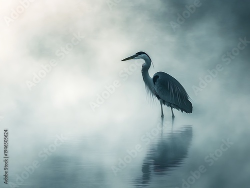 Heron in Misty Waters: Serene Wildlife in Atmospheric Ambiance Landscape