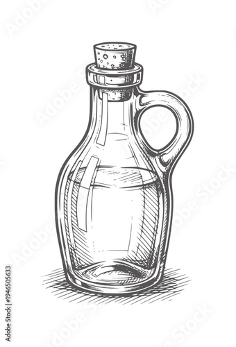 Hand drawn of a clear glass bottle with a cork stopper and handle