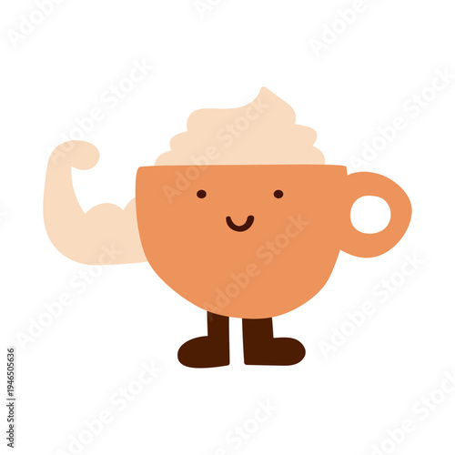 Coffee Cup Character with Foam Showing Biceps. Colorful Flat Vector Illustration