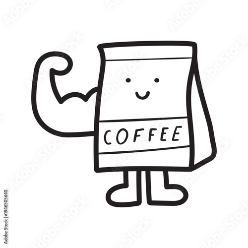 Coffee Bag Character Showing Biceps. Minimalist Outline Hand Drawn Vector Illustration