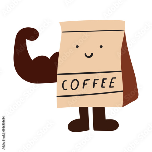 Coffee Bag Character Showing Biceps. Colorful Flat Design for Coffee Shops, Cafes and Barista Gifts