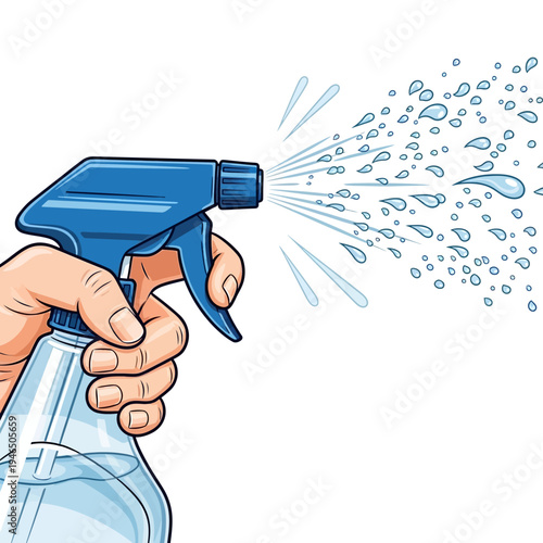 Hand holding blue spray bottle spraying liquid.