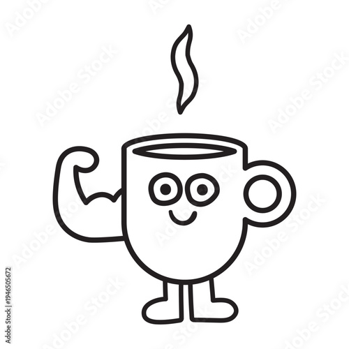 Coffee Mug Character Showing Biceps with Steam. Minimalist Outline Hand Drawn Vector