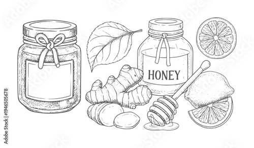 Hand drawn honey jar ginger lemon and leaf
