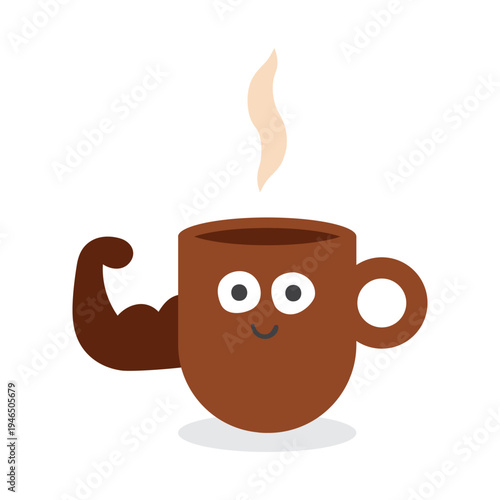 Brown Coffee Mug Character Smiling Showing Biceps with Steam. Flat Vector Illustration