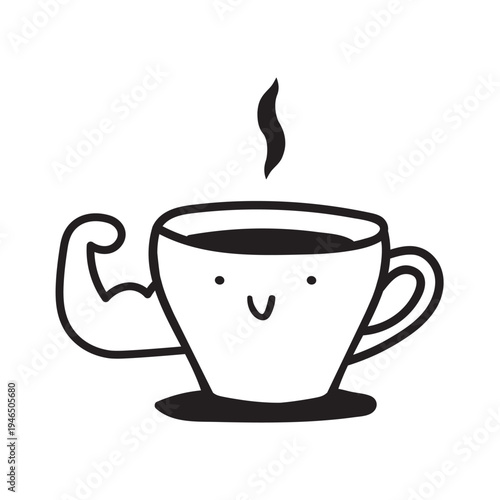 Cute Espresso Cup Character Smiling Showing Biceps with Steam. Flat Vector Illustration on White Background.