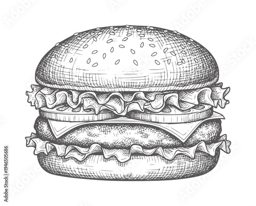 Hand drawn of a layered hamburger with sesame seeds food lettuce cheese