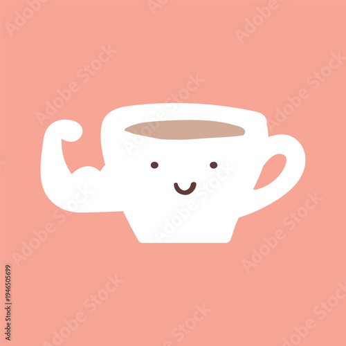 Cute Little Coffee Mug Smiling Showing Biceps on Pink Background. Flat Vector Illustration