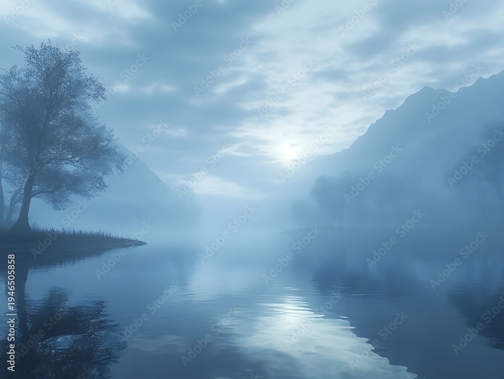 Fototapeta premium Ethereal lake landscape with mountains enveloped in morning mist serenity