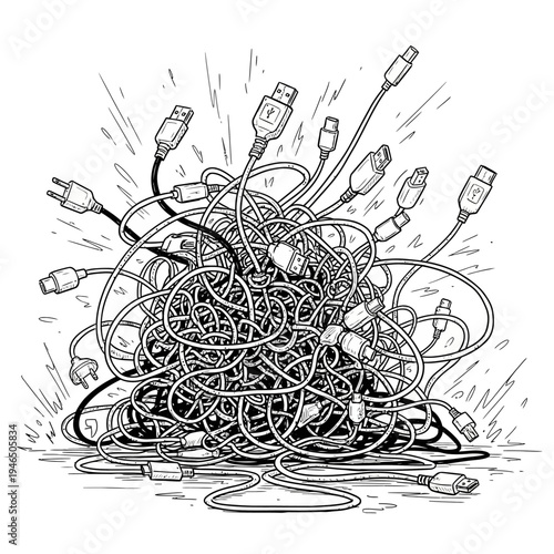 A chaotic tangle of electrical cords and plugs.