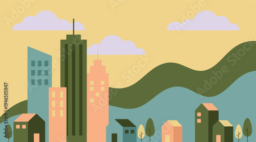 Modern urban and suburban landscape in flat graphic design with nature elements