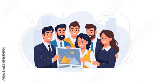 Diverse business team presenting a project with a landscape image