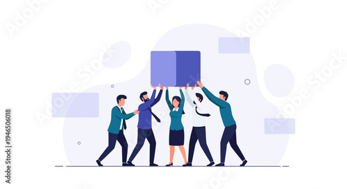 Teamwork, Collaboration, Business People Lifting Cube Together, Unity, Success Concept