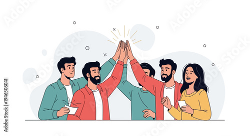 Diverse team celebrating success with high five, teamwork and achievement concept