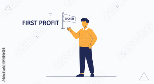 Man holding flag with success text, first profit concept, business growth illustration