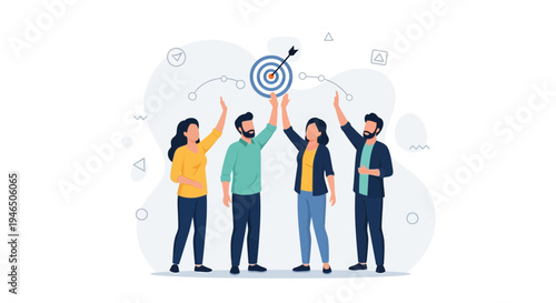 Teamwork success: Diverse people celebrate hitting target, achieving goals together