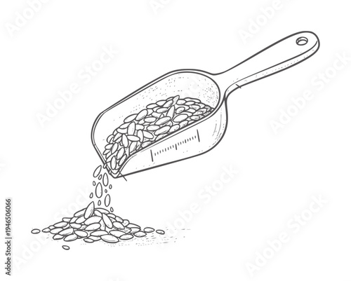 Hand drawn scoop pouring small oval seeds onto a pile grain