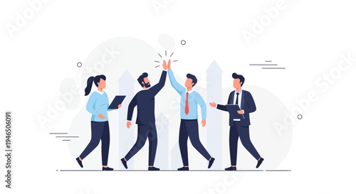 Teamwork success: Business people celebrating with high five and charts background