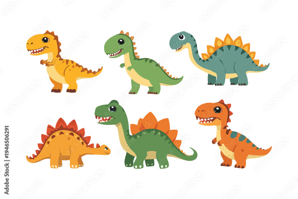 Fototapeta premium Watercolor kawaii dinosaurs and prehistoric elements