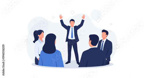 Business team celebrating success, leader with raised hands in meeting