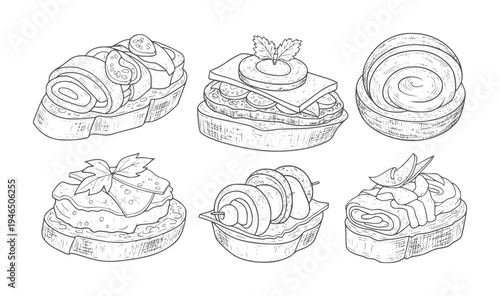 Six hand drawn of assorted open faced sandwiches and canapes food