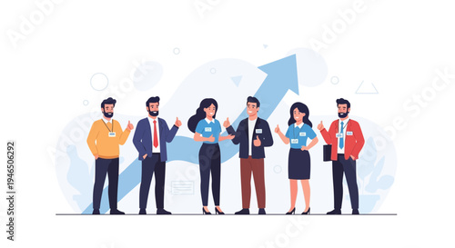 Teamwork success: Diverse professionals giving thumbs up with growth arrow background