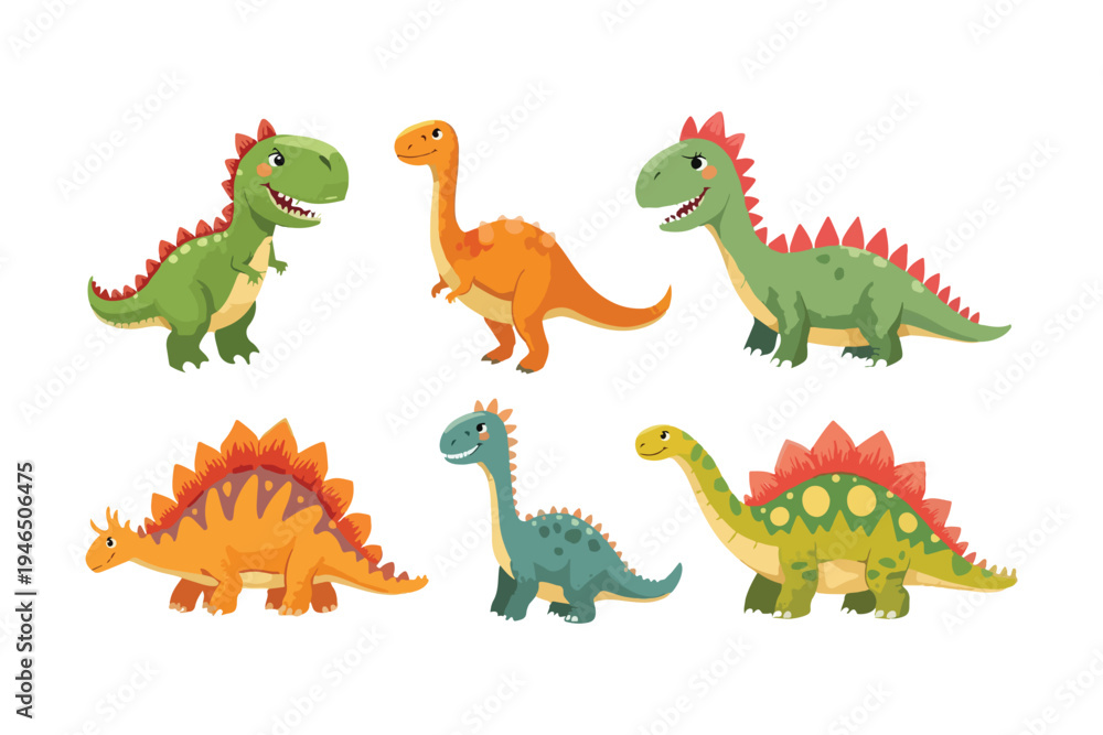 Fototapeta premium A cute and funny set of colorful cartoon dragons in a playful fantasy style with smiling baby dinosaur characters