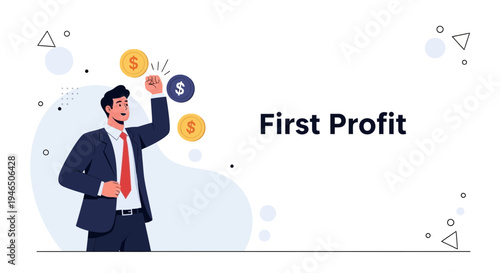 Businessman celebrating first profit with coins, success, finance, growth concept