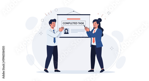 Teamwork success: Colleagues celebrate completed task on presentation screen