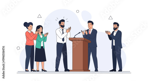 Business meeting success: People applaud speaker at podium, celebrating achievement