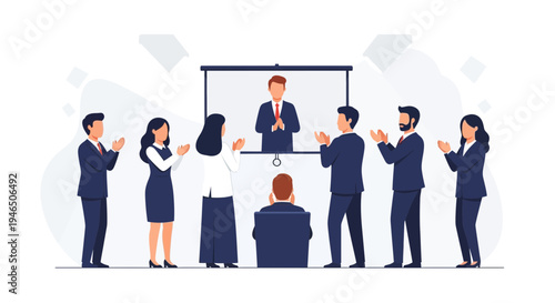 Business meeting: colleagues applauding speaker at presentation screen