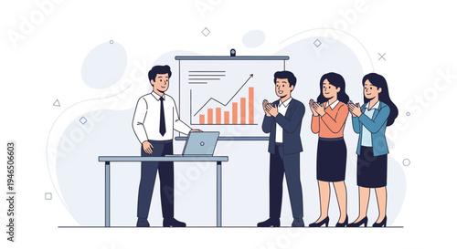 Business team applauding speaker presenting growth chart on whiteboard during meeting