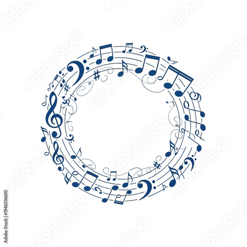 A circular arrangement of blue musical notes and symbols on a white background.