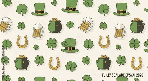St patrick's day festive pattern with green hats shamrocks gold horseshoes and beer