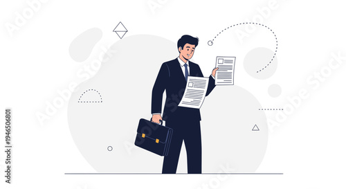 Business man holding documents and briefcase, reviewing paperwork with focus