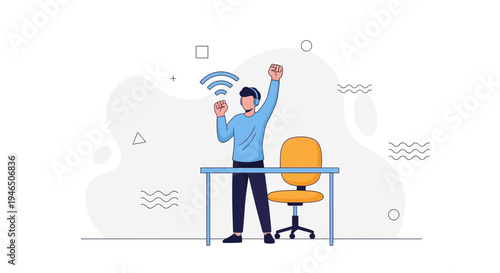Man with headphones celebrating, standing at a desk with wifi signal