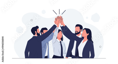 Diverse business team celebrating success with high five, teamwork and achievement concept