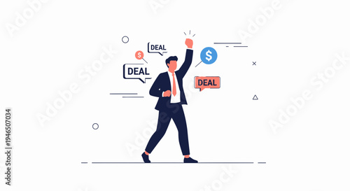 Successful businessman celebrating deal with money and success symbols