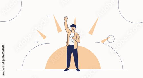 Man celebrating success with fist raised, abstract sunrise background