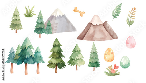 A set of decorated trees with mountain and stars for winter holiday celebration design
